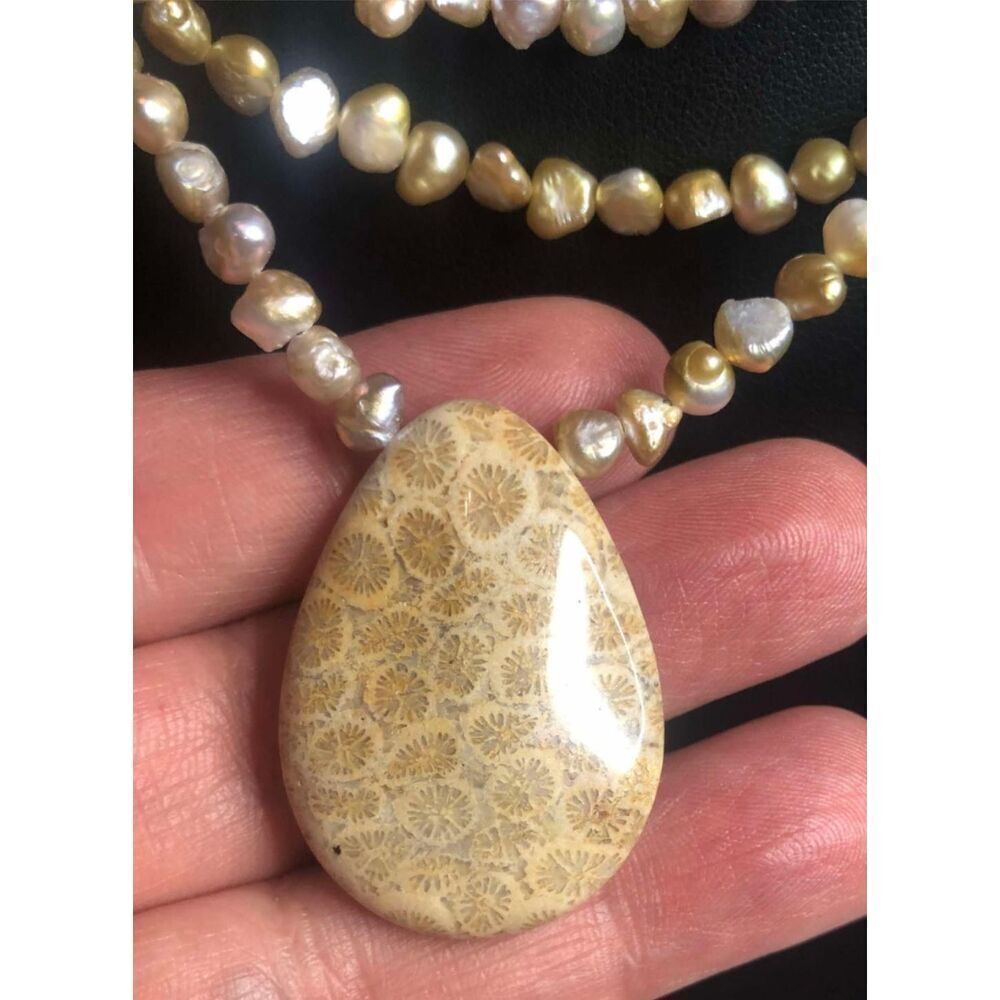 1293 Champagne Fossil Coral freshwater Pearl toggle clasp necklace 15" long